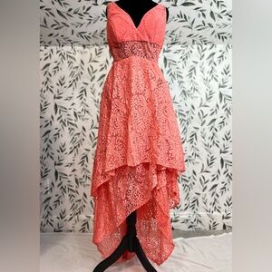 Elegant Coral Lace Dress Party Cocktail Prom high-low hem Sz M 10 Wedding New #6
